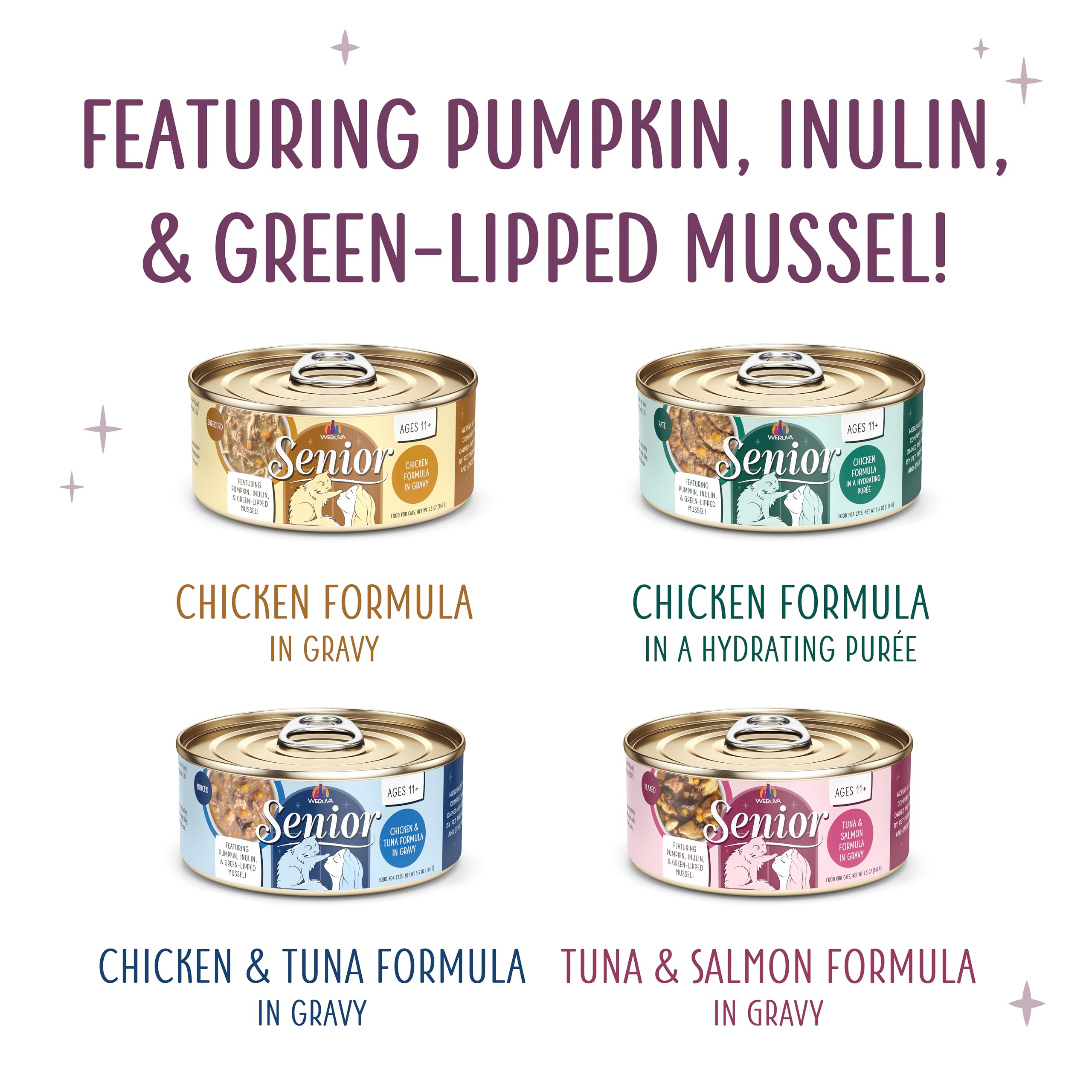 Weruva can stack display of natural, grain-free senior cat formula.