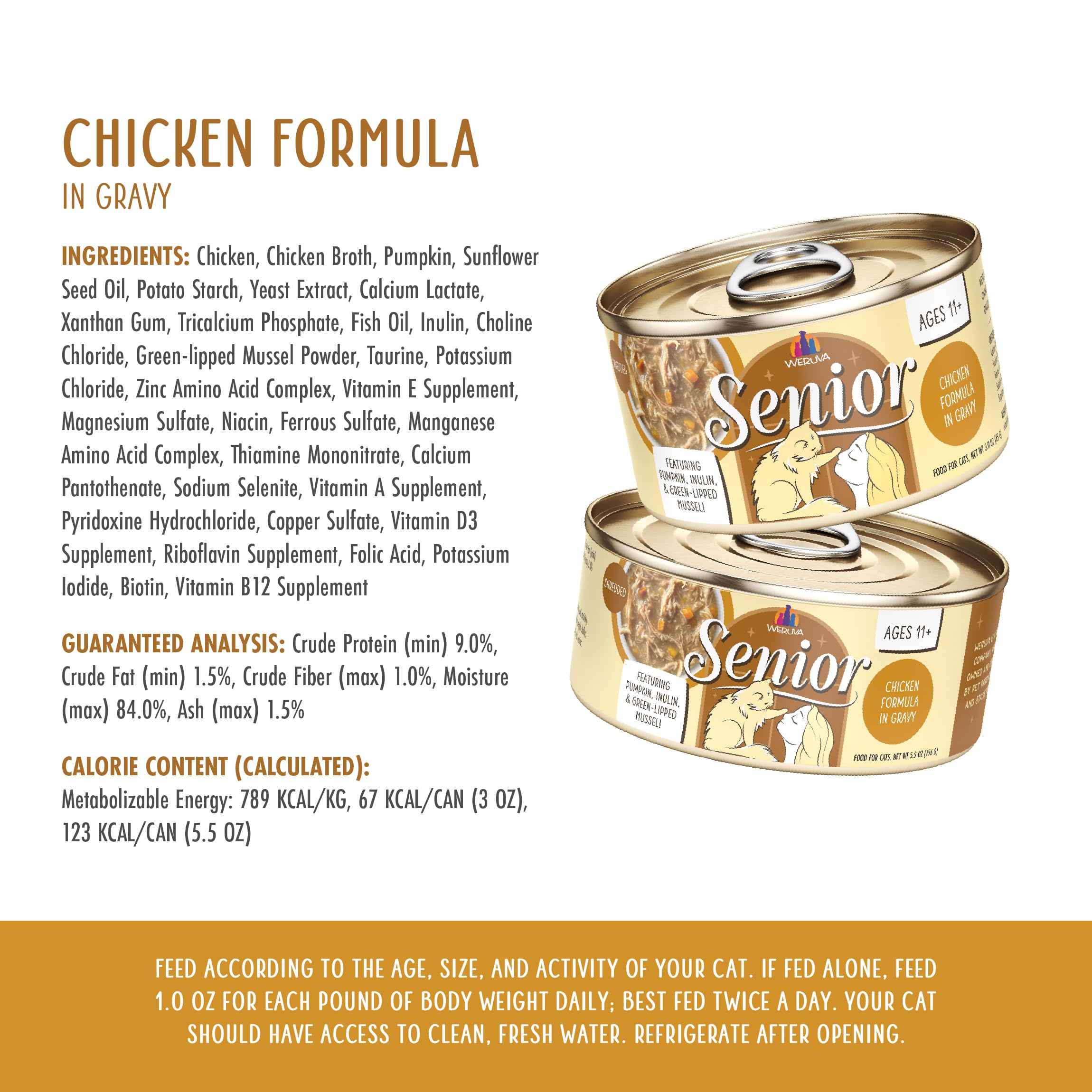 Chunked chicken closeup in Weruva Senior Cat Food chicken in gravy 3oz can highlights protein richness.