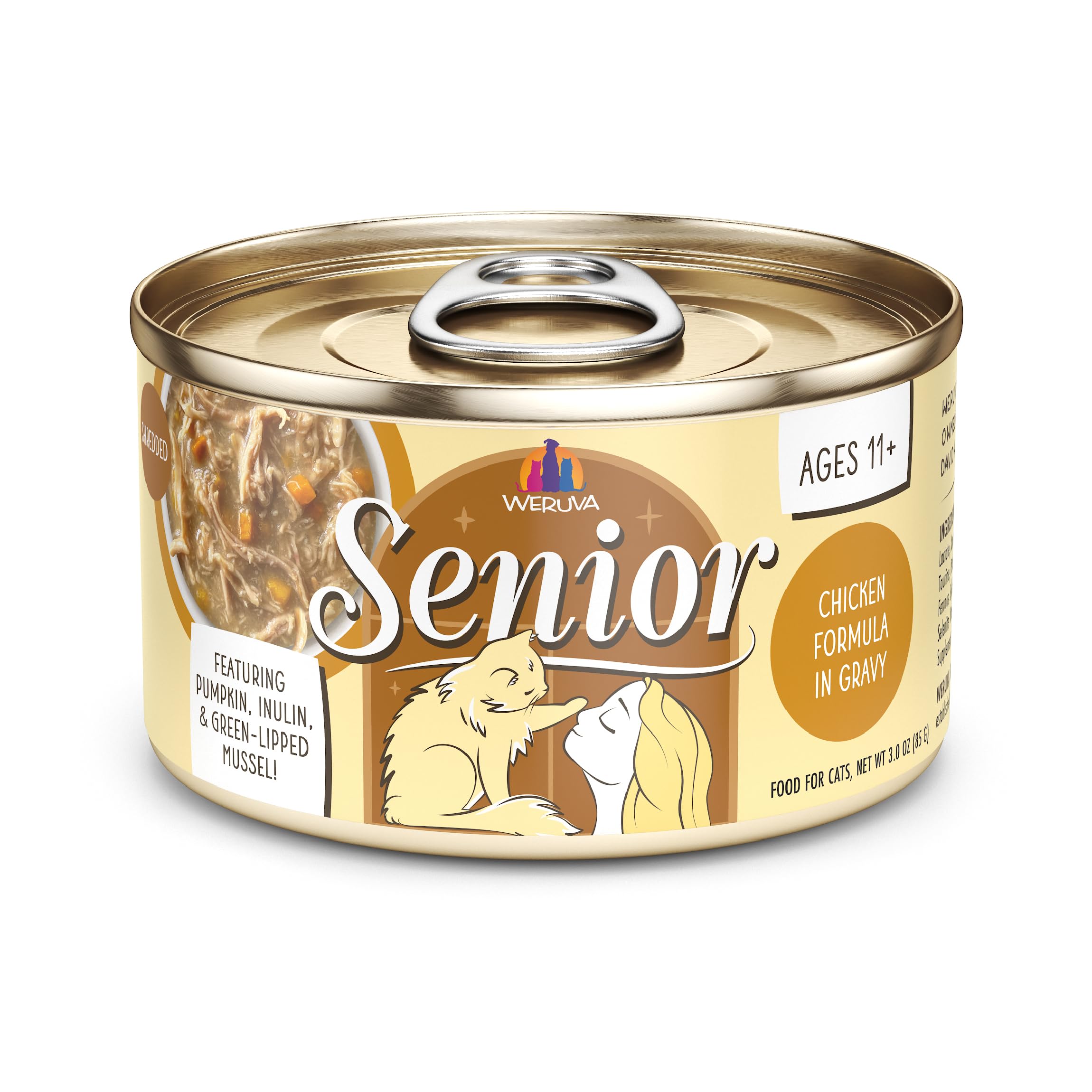 Weruva Senior Cat Food chicken in gravy 3oz can closeup highlights lean protein options for aging cats.