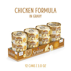 Serving bowl of Weruva Senior Cat Food chicken in gravy 3oz can shows palatable texture and hydration-friendly gravy for seniors.