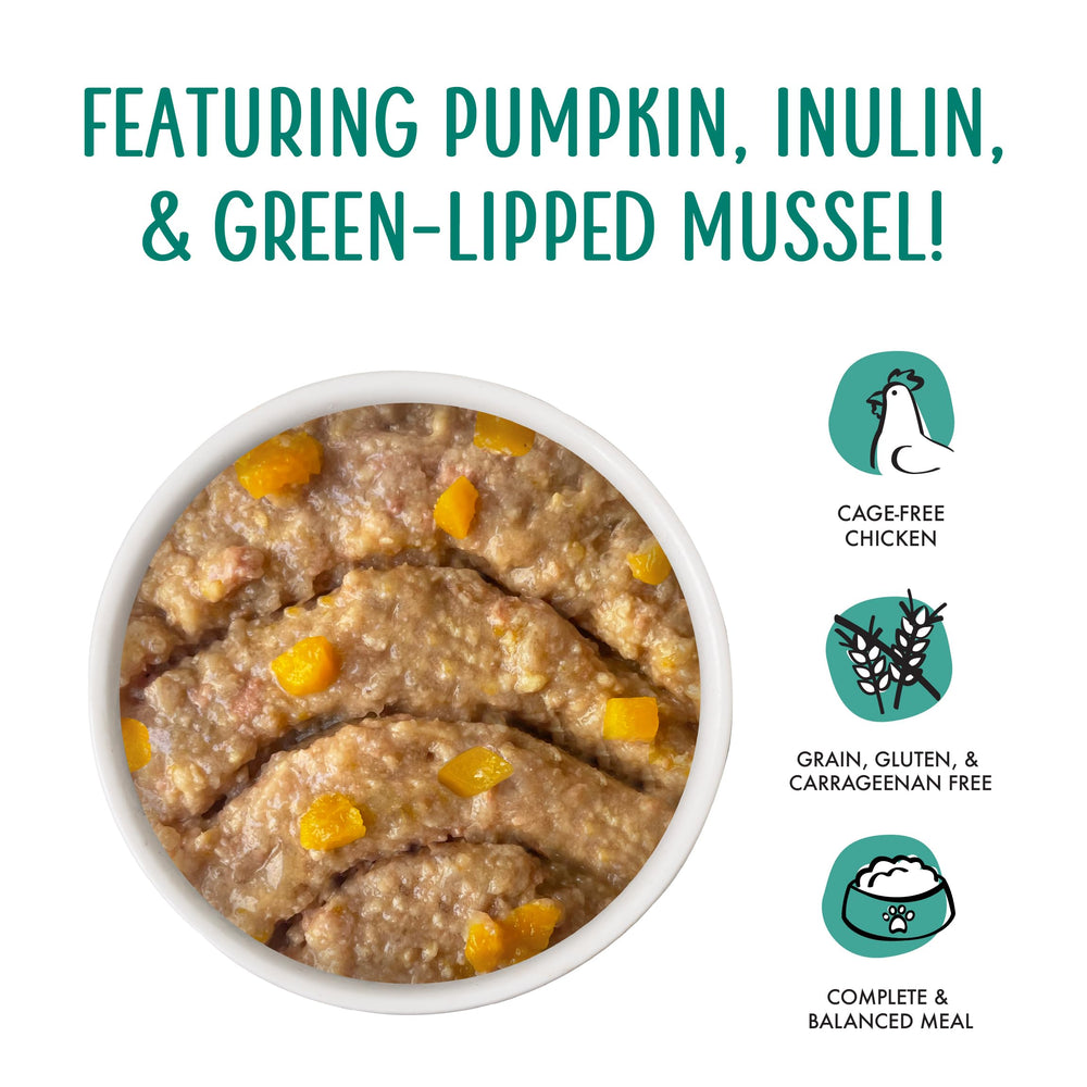 Weruva Senior Cat Food chicken puree 3oz can label shows boneless chicken and pumpkin.