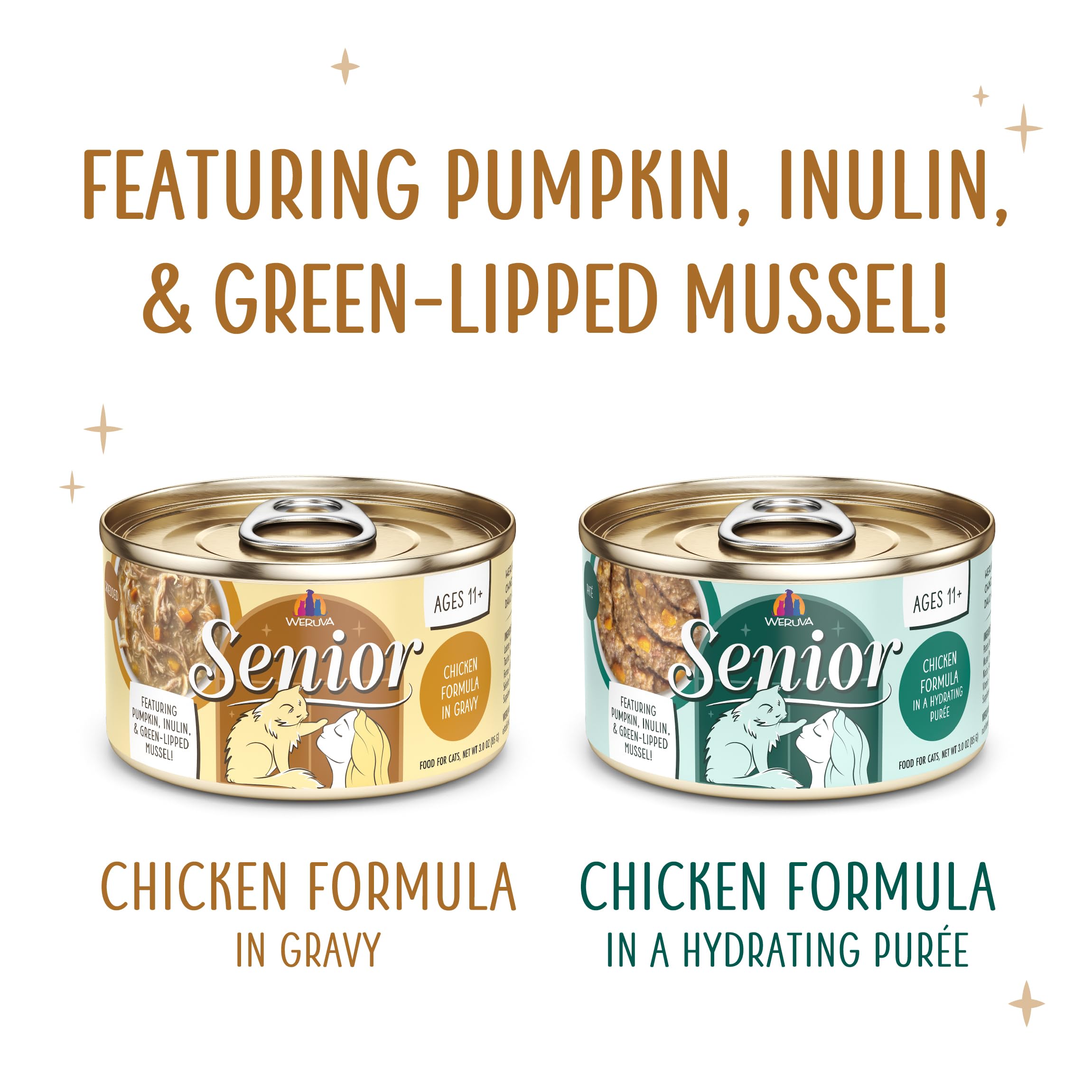 Weruva Hydrating Puree texture close-up on can, soft meal for seniors.
