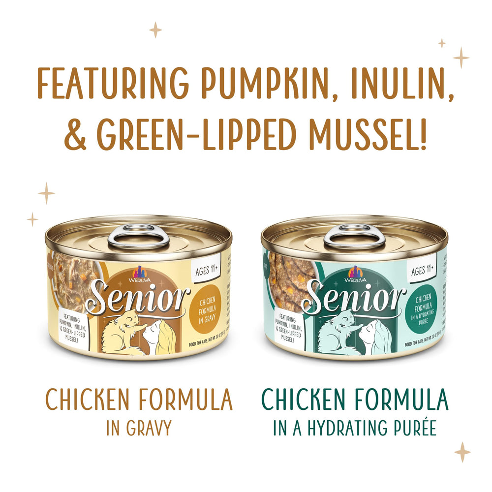 Weruva Hydrating Puree texture close-up on can, soft meal for seniors.