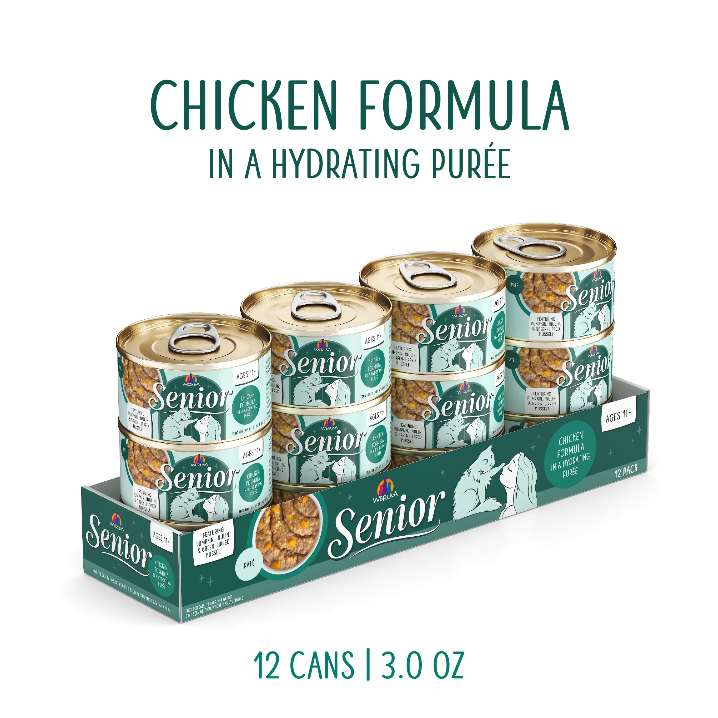 Weruva Senior Cat Food hydrating puree bowl highlights moisture-rich feeding for easier intake.