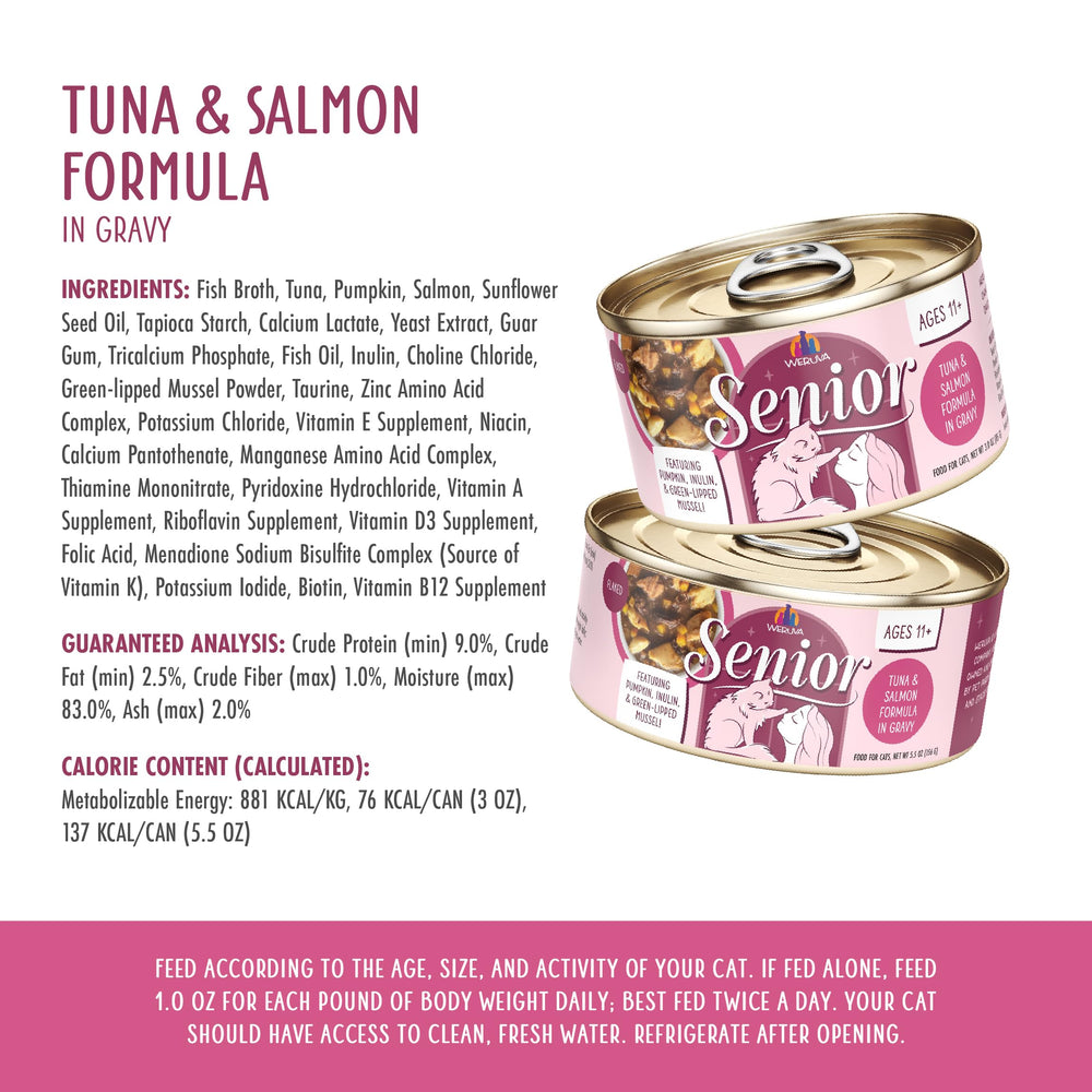 Weruva Senior Cat Food no-grains label: grain-free recipe for sensitive diets.