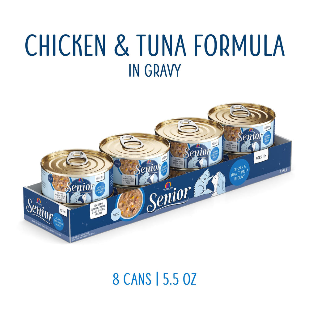 Opened can of Weruva Senior Cat Food with chicken and tuna in gravy