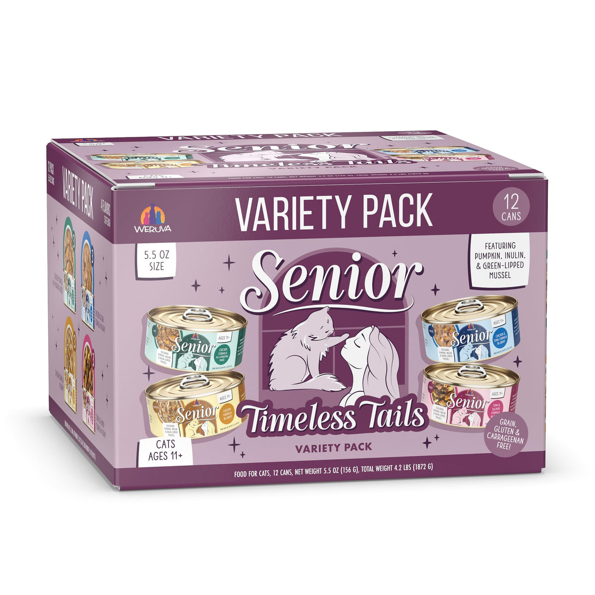 Weruva Timeless Tails variety pack 5.5oz cans for senior cats with varied textures.