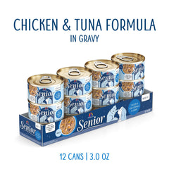 Weruva senior wet-food texture closeup showing tender chicken-tuna in gravy for picky eaters
