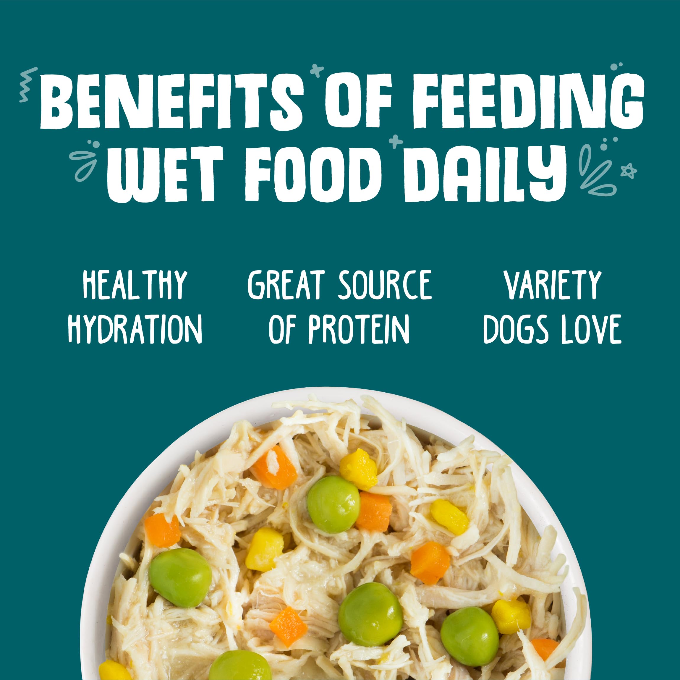 Serving suggestion shows a Weruva Funky Chunky Chicken Soup in a dog bowl.