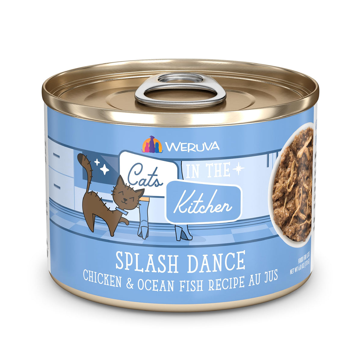 Weruva Splash Dance can front with chicken and ocean fish au jus for cats