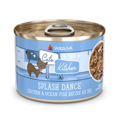 Weruva Splash Dance can front with chicken and ocean fish au jus for cats