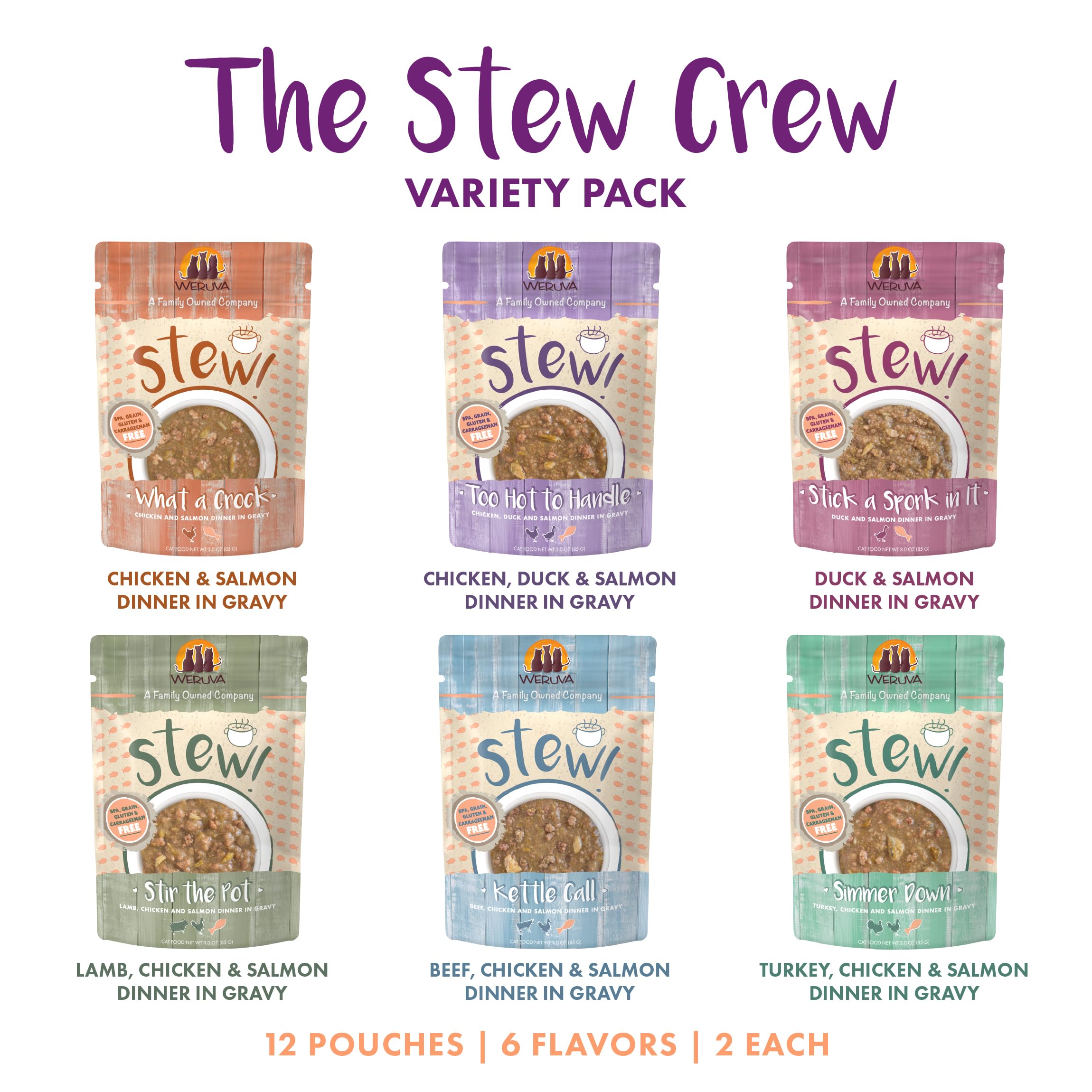 Weruva Stew Crew variety pack display showing six flavors.