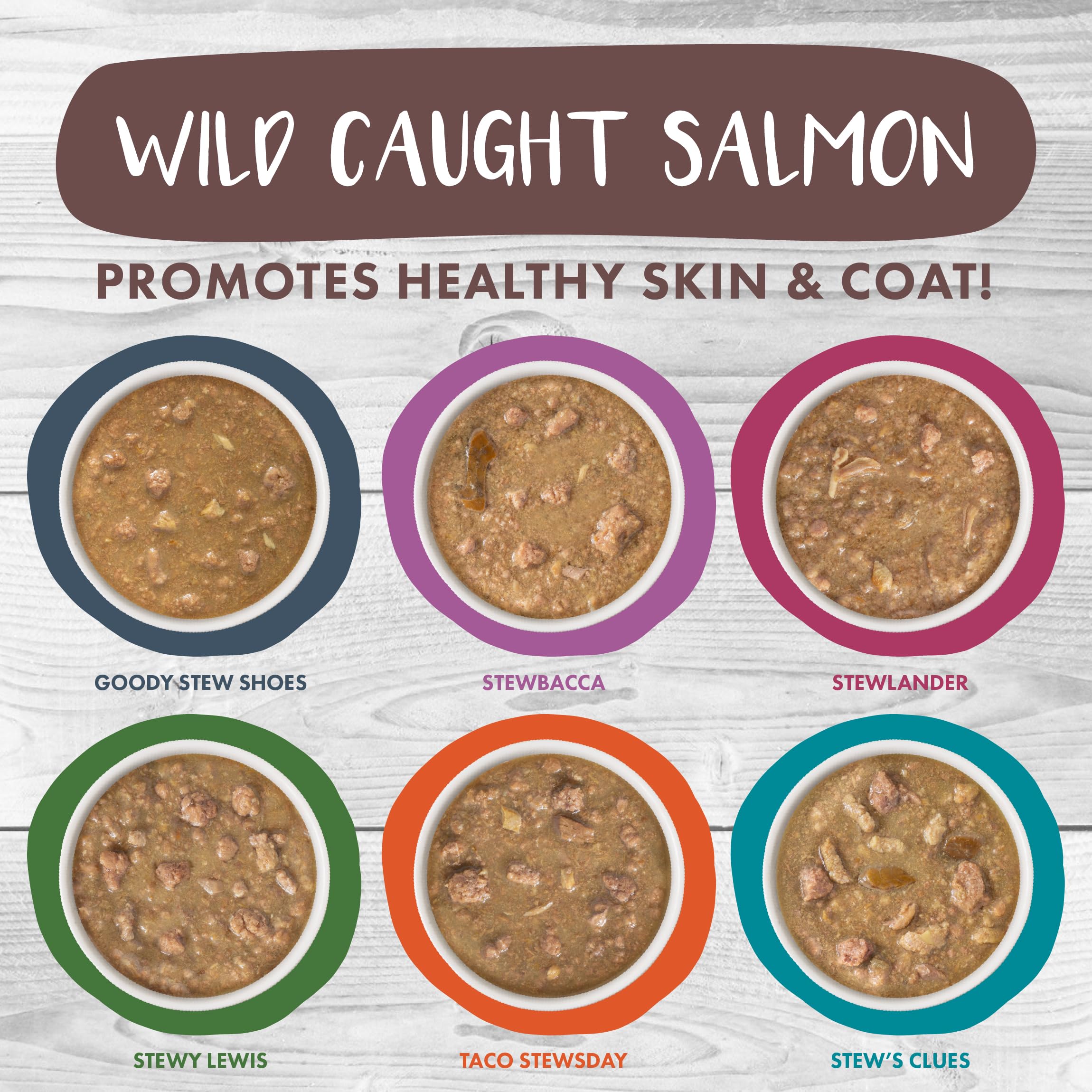 Weruva Classic Stews salmon gravy image, supports healthy coat and hydration.