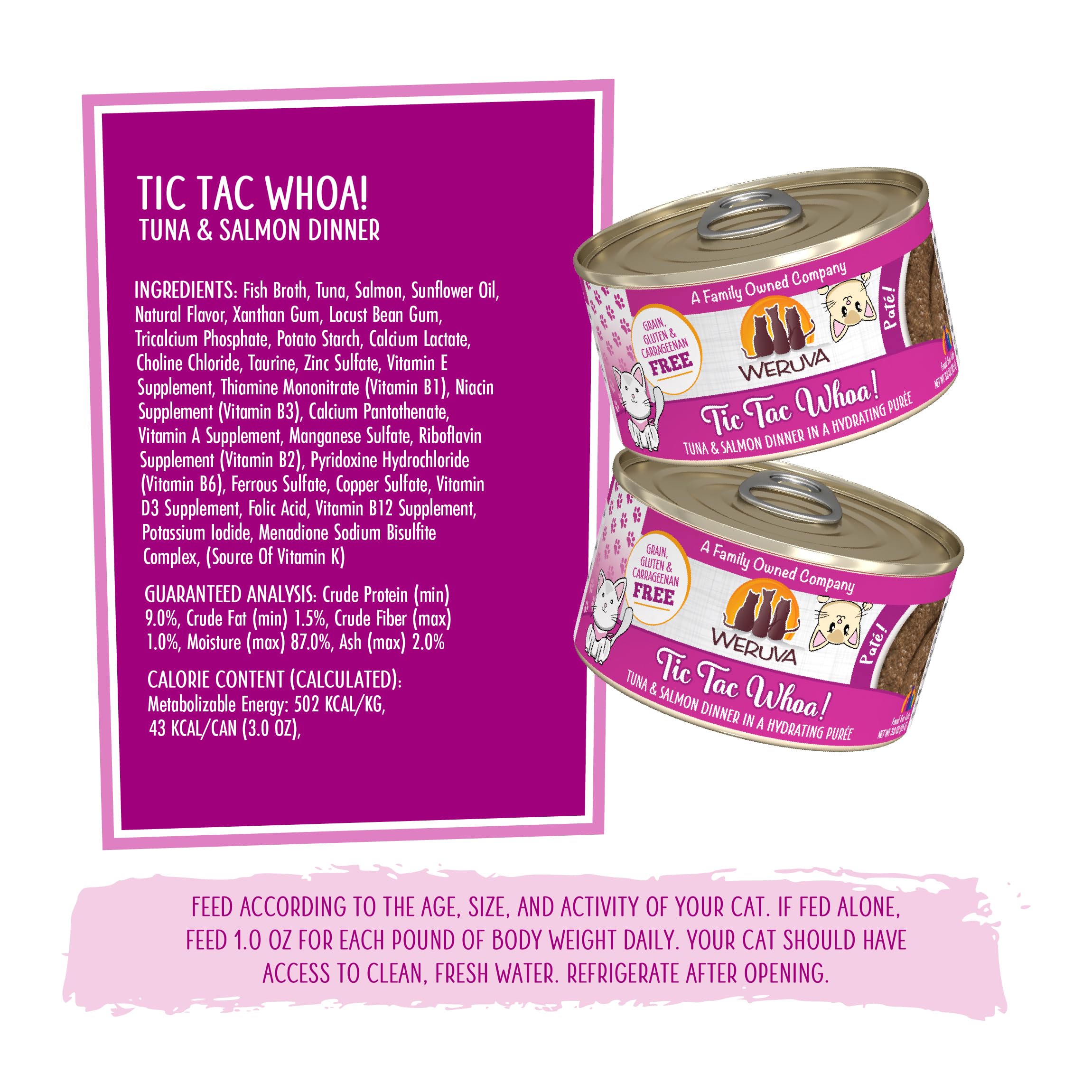 Weruva Tic Tac Whoa label close-up illustrating grain-free and carrageenan-free formula