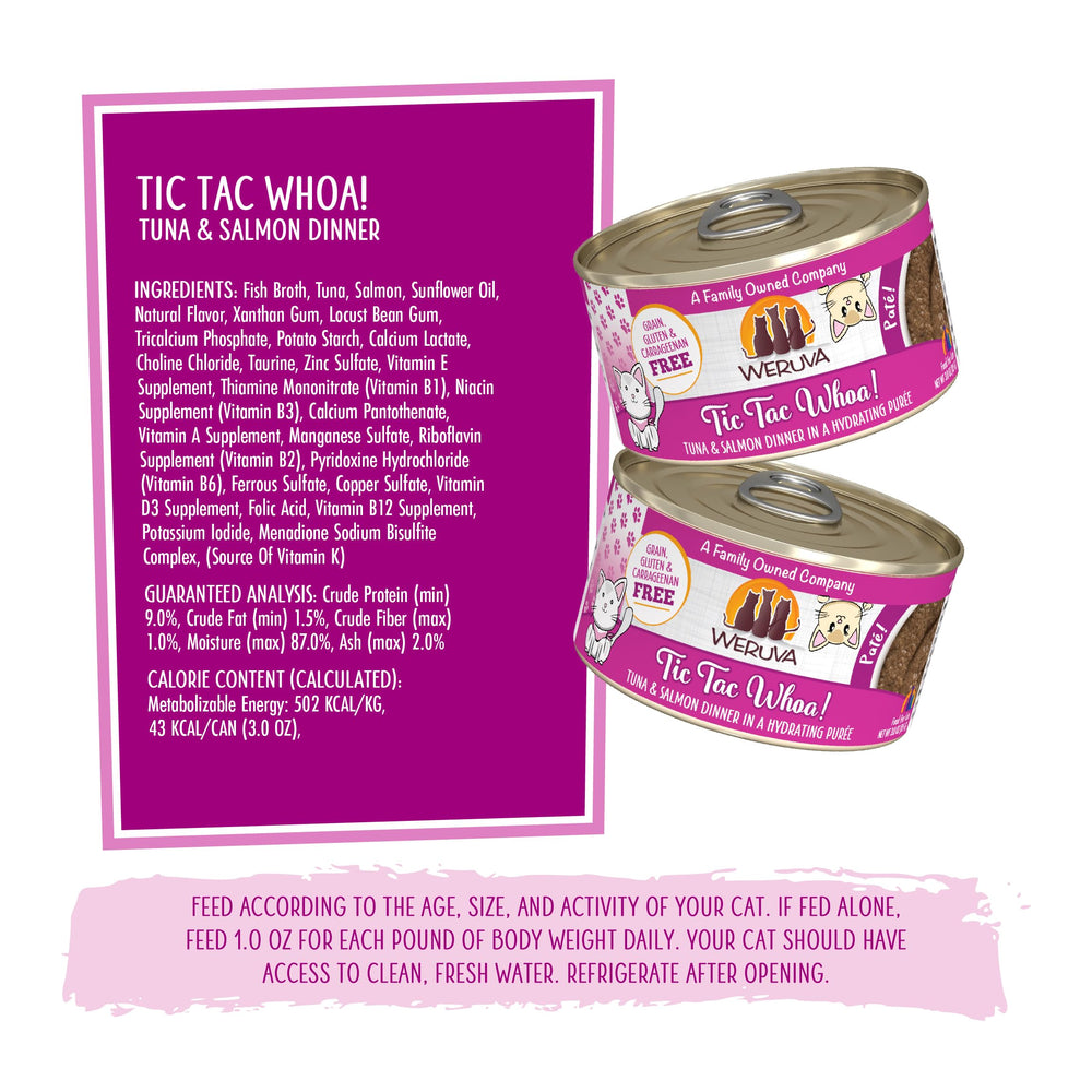 Weruva Tic Tac Whoa label close-up illustrating grain-free and carrageenan-free formula