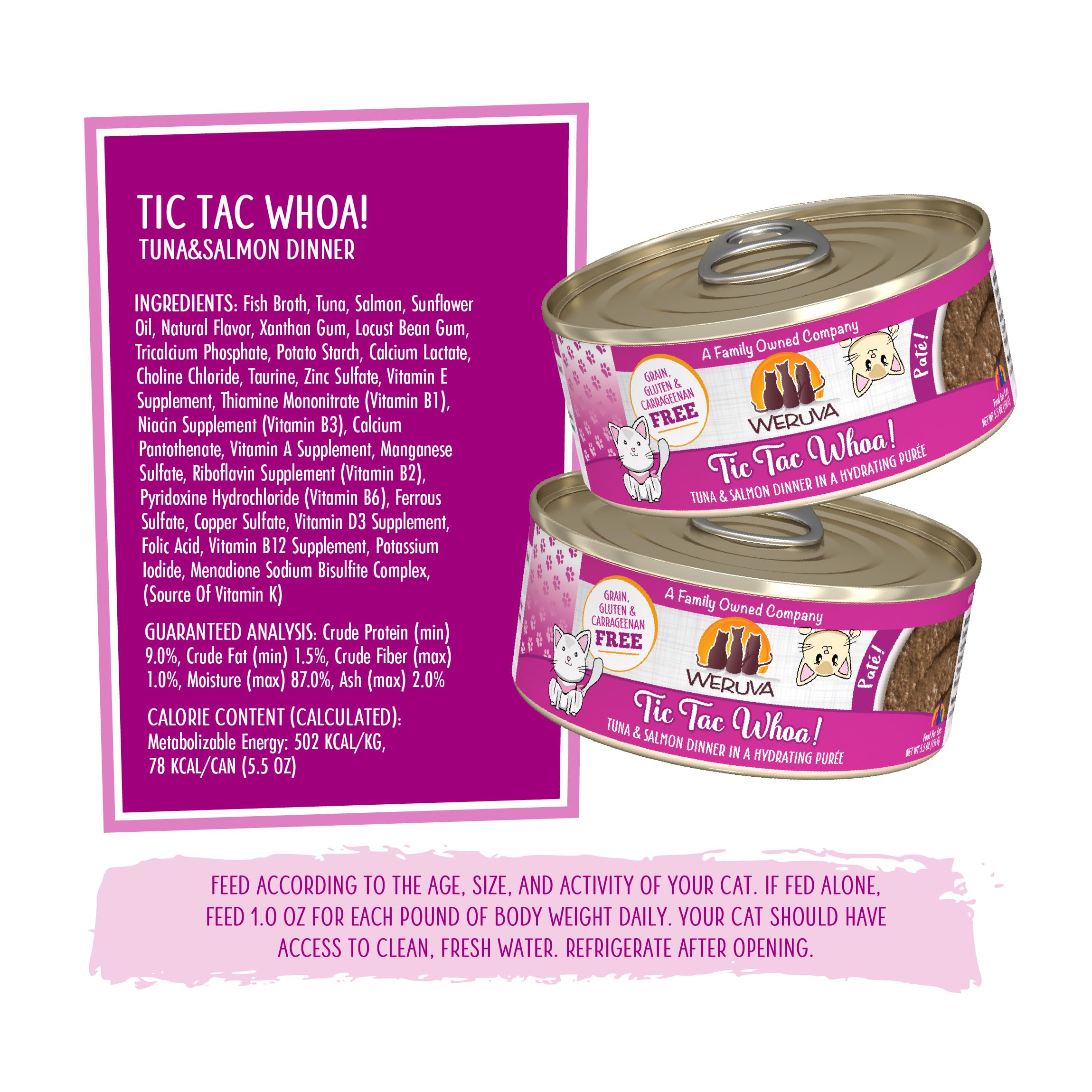 Weruva Tic Tac Whoa tuna-salmon pate can, grain-free and carrageenan-free formula