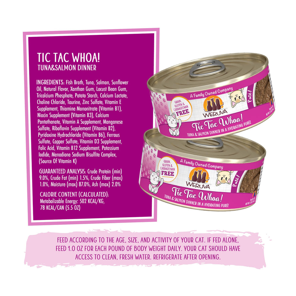 Weruva Tic Tac Whoa tuna-salmon pate can, grain-free and carrageenan-free formula