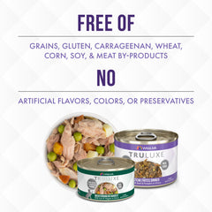 Grain-free, gluten-free, carrageenan-free formula highlighted on Weruva TruLuxe