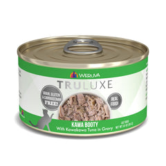 Weruva Truluxe Kawa Booty tuna in gravy can label, high-quality protein emphasis.