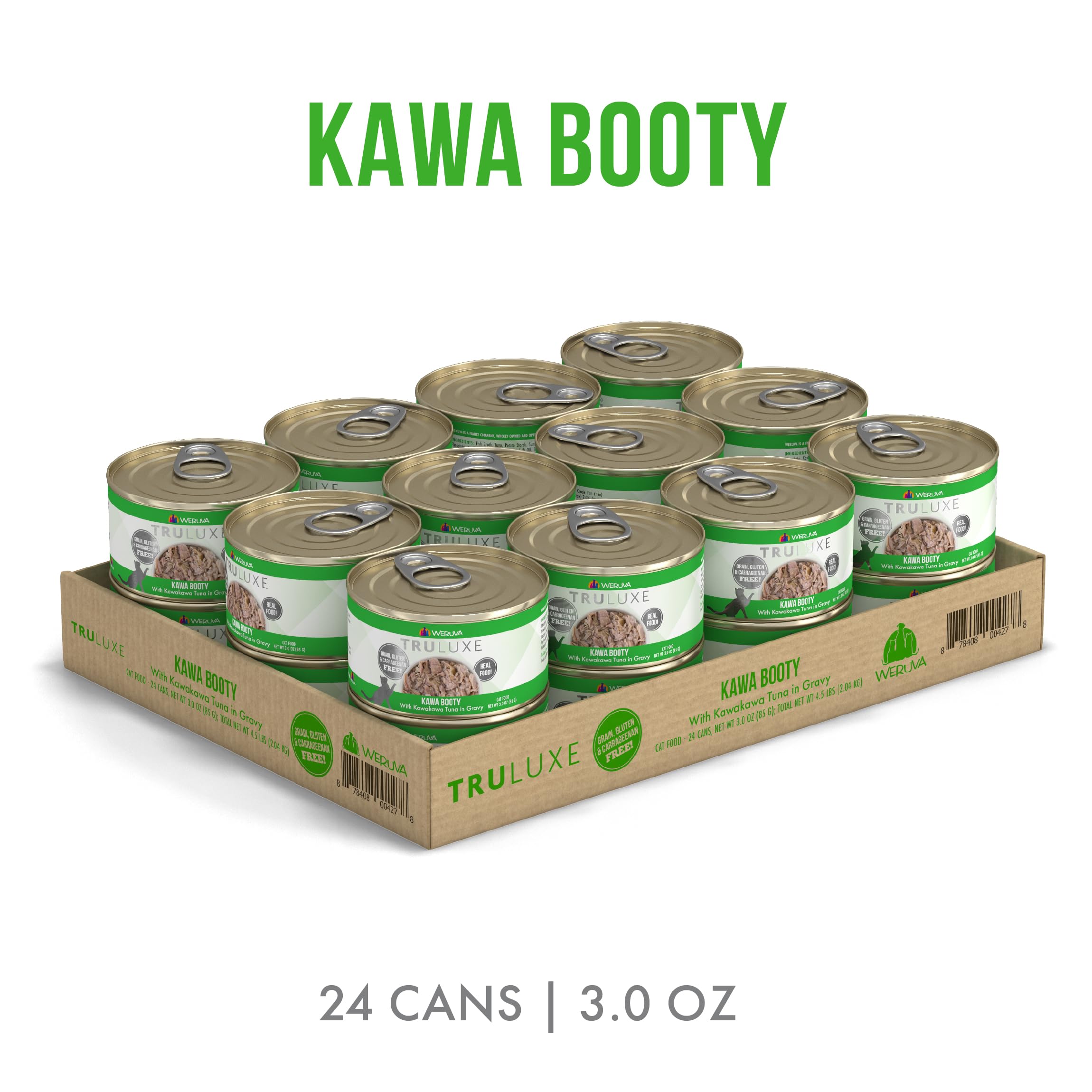 Pack of 24 Weruva Truluxe Kawa Booty cans for bulk feeding.