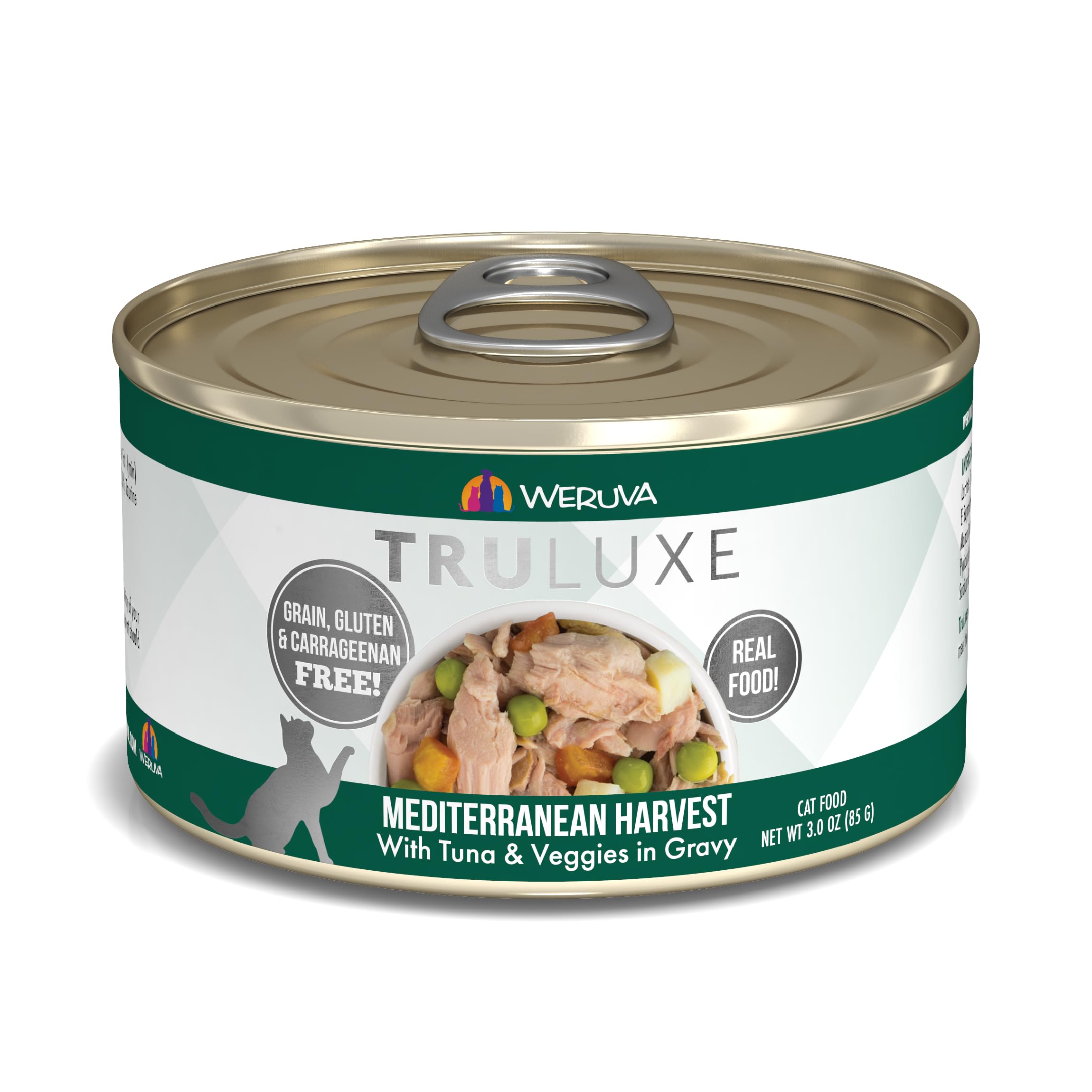 Weruva TruLuxe Mediterranean Harvest tuna in gravy cans, 3oz pack for convenient meals.