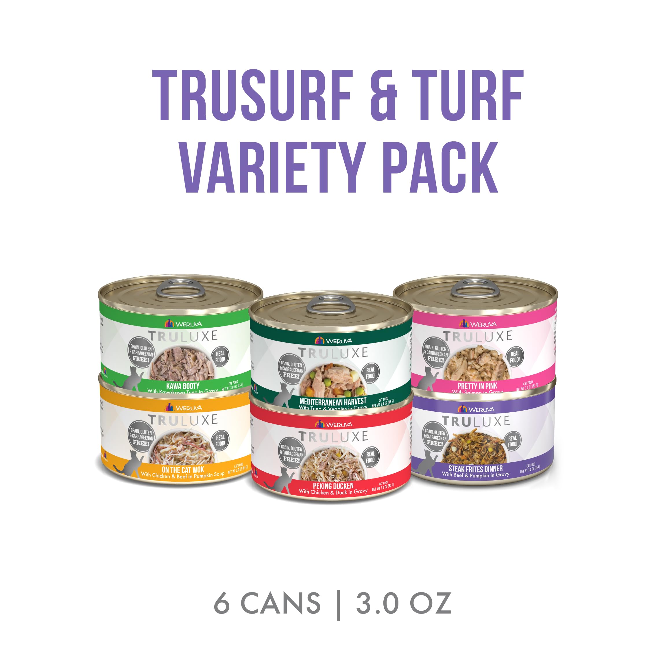 Closeup Weruva TruLuxe labels emphasize diverse protein options for picky eaters