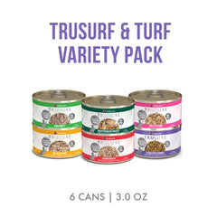 Closeup Weruva TruLuxe labels emphasize diverse protein options for picky eaters