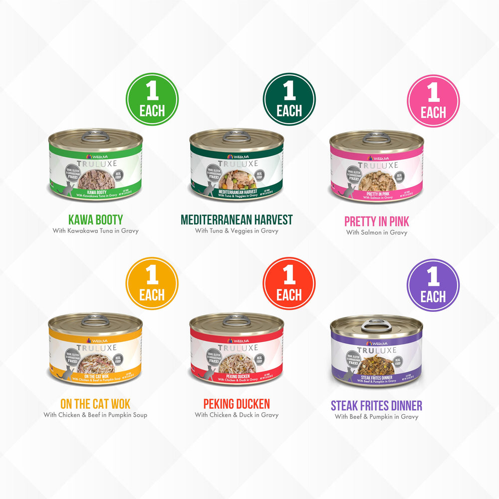 3oz portion label on Weruva TruLuxe cans indicates individual serving size
