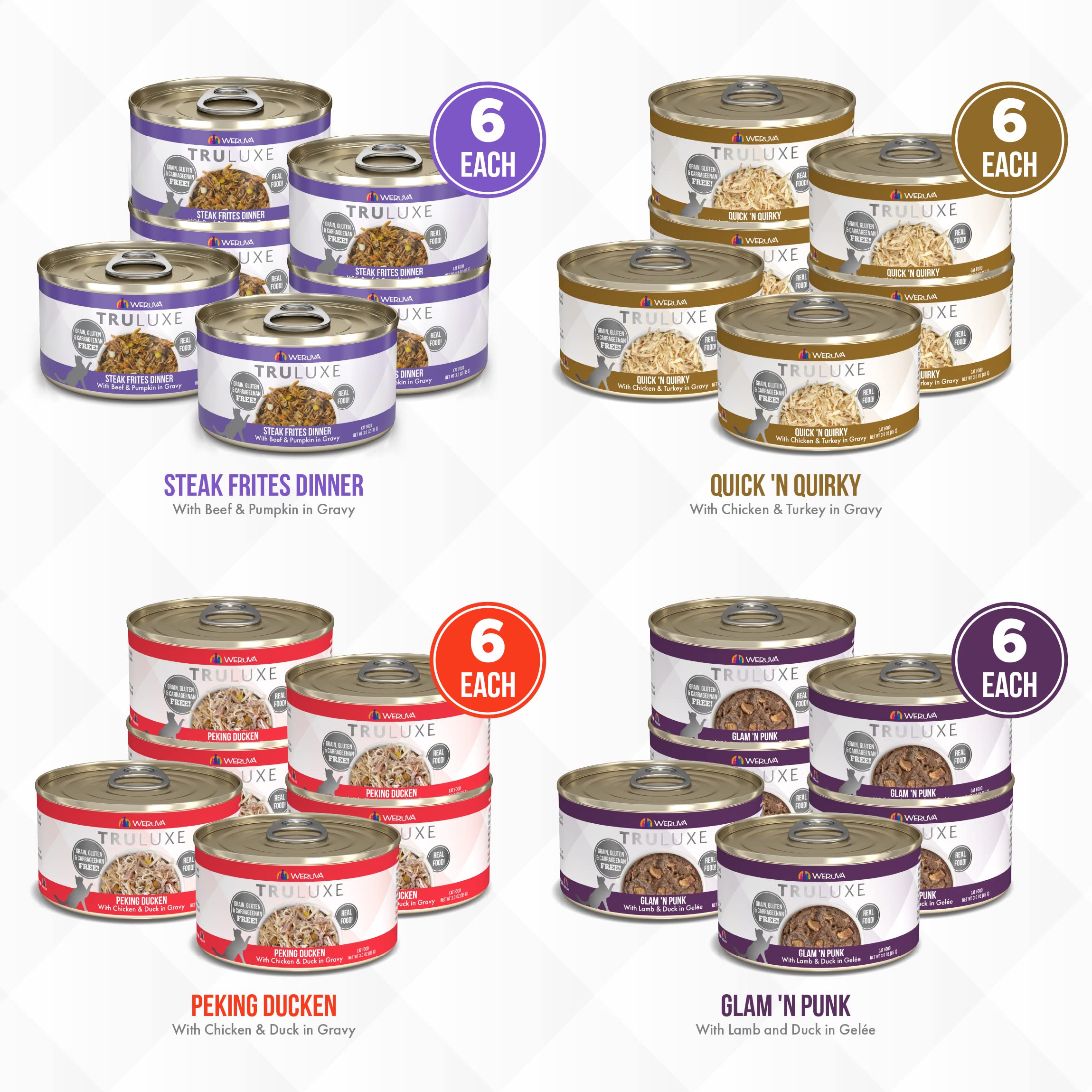 Weruva TruLuxe TruTurf Peking Ducken 3oz can features gourmet duck flavor.