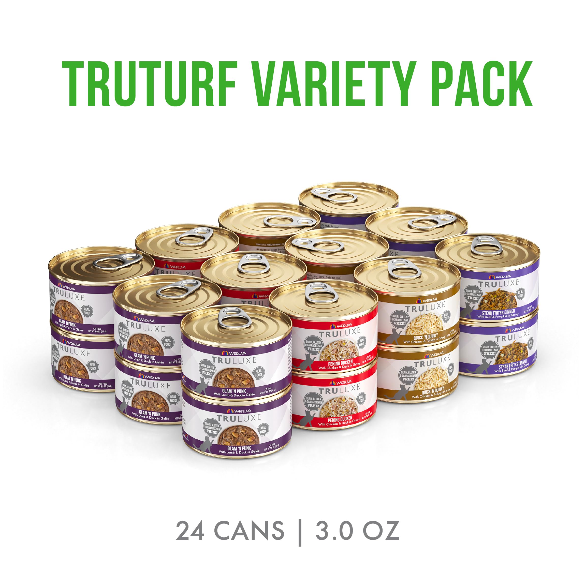 Weruva TruLuxe TruTurf Steak Frites 3oz can offers savory protein for discerning cats.