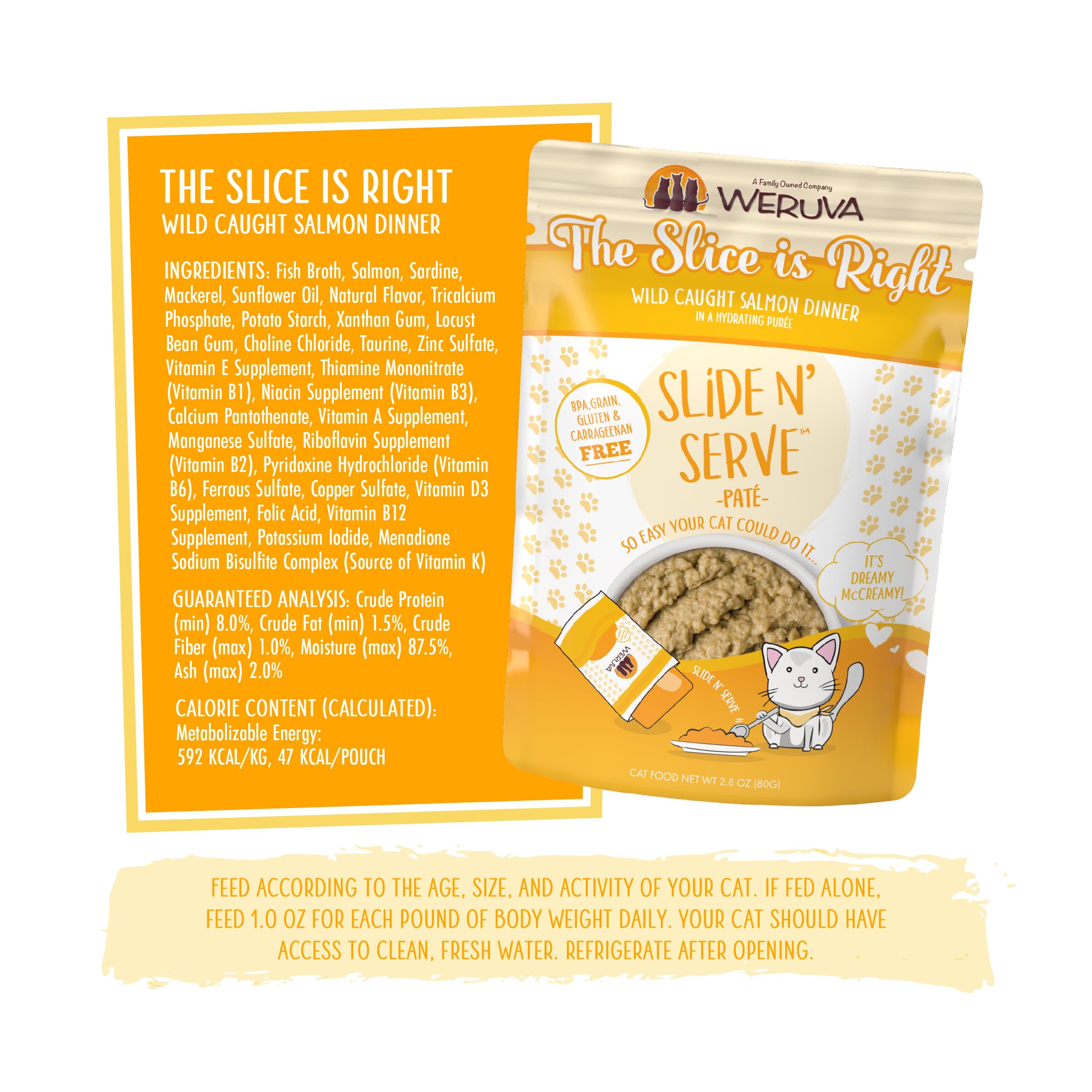 Weruva wild caught salmon-mackerel-sardine pate shows rich fish blend.
