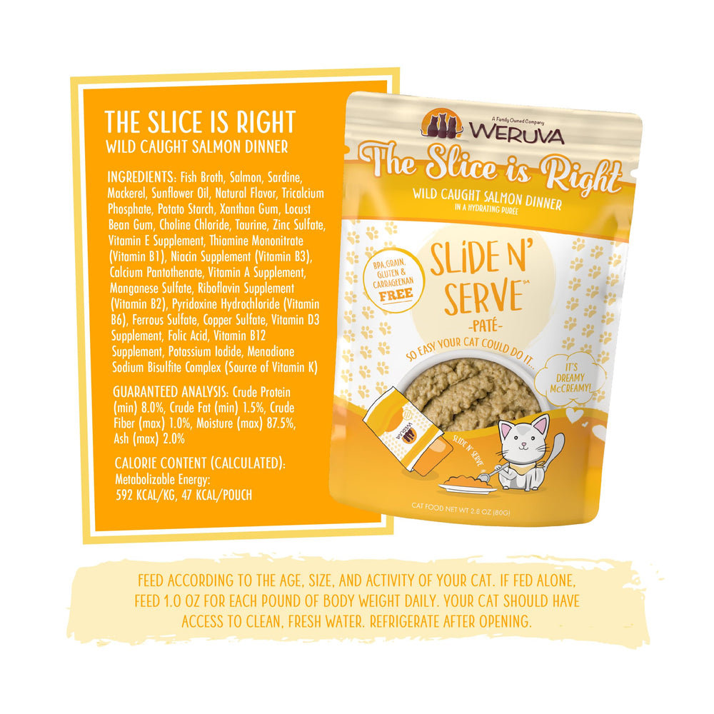 Weruva wild caught salmon-mackerel-sardine pate shows rich fish blend.