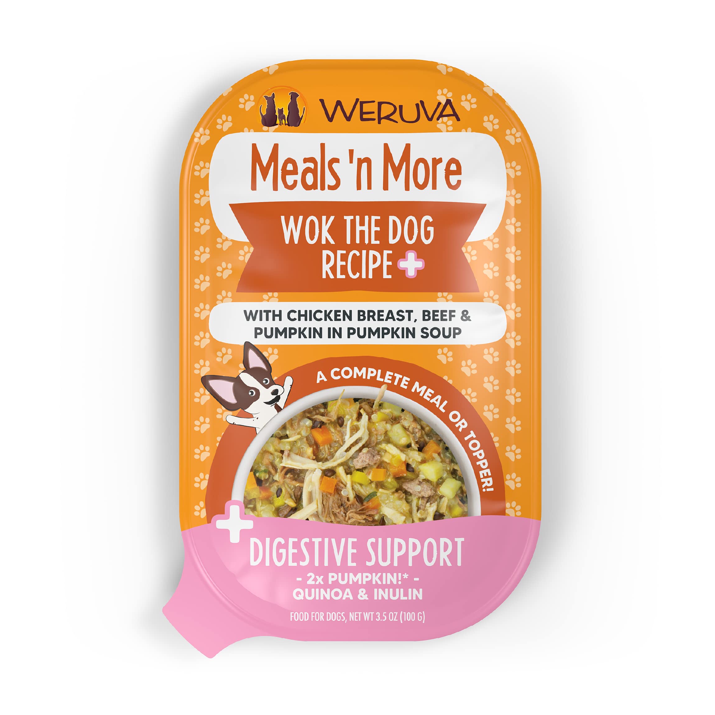 Weruva Wok The Dog Plus cup with chicken and pumpkin for digestive-friendly hydration.