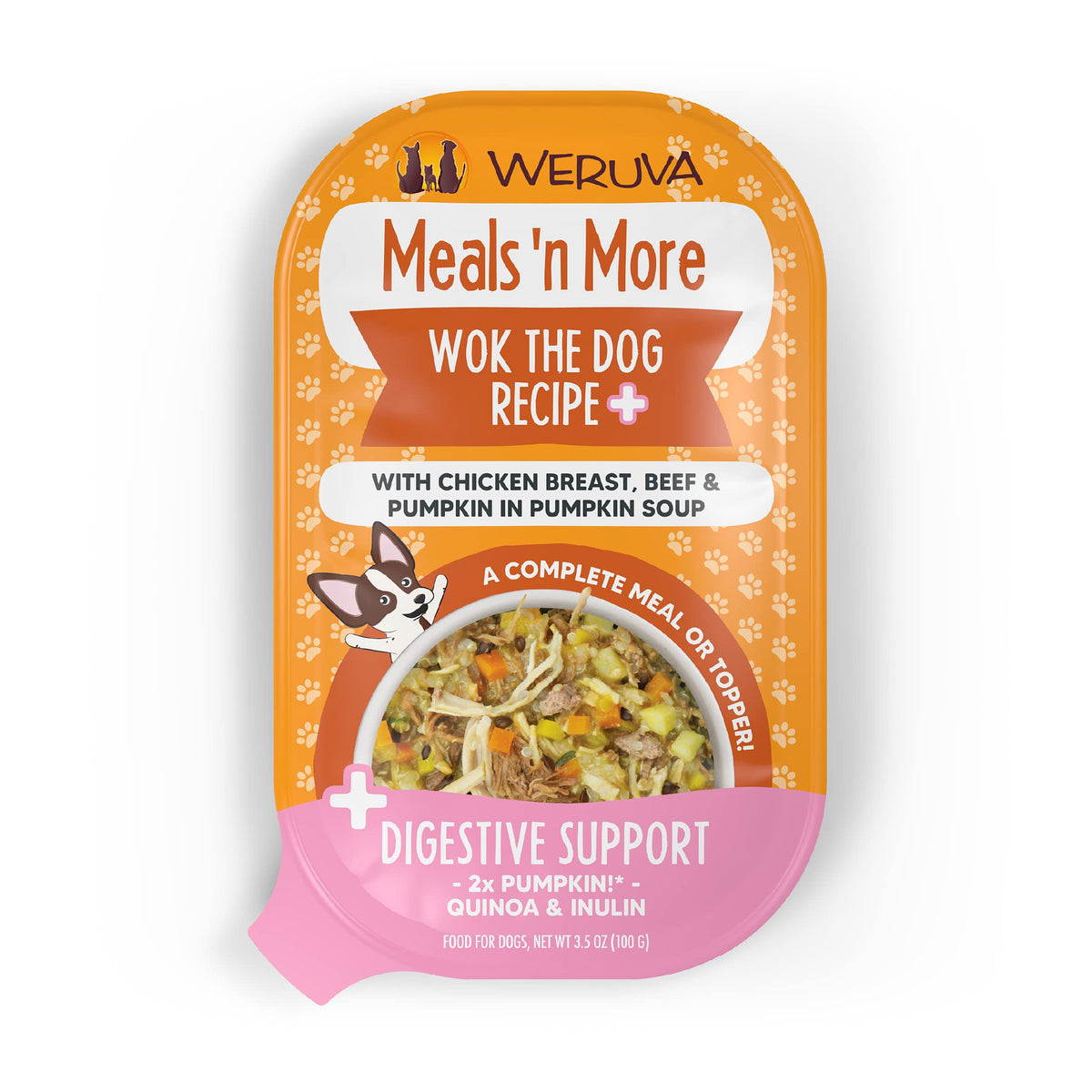 Weruva Wok The Dog Plus cup with chicken and pumpkin for digestive-friendly hydration.