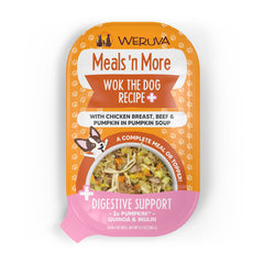 Weruva Wok The Dog Plus cup with chicken and pumpkin for digestive-friendly hydration.