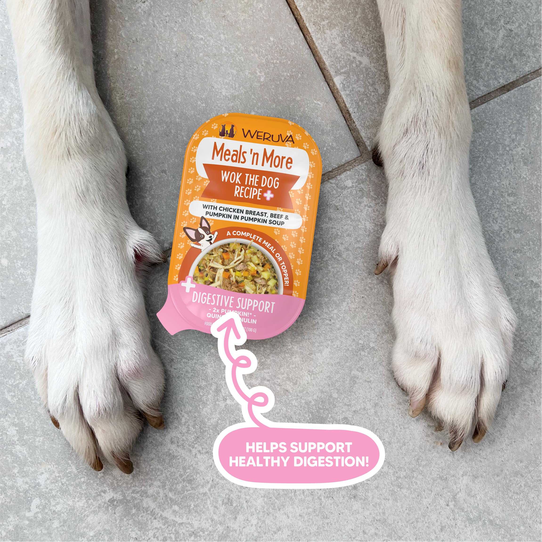Happy dog mealtime with Weruva Wok The Dog Plus Digestive Support.
