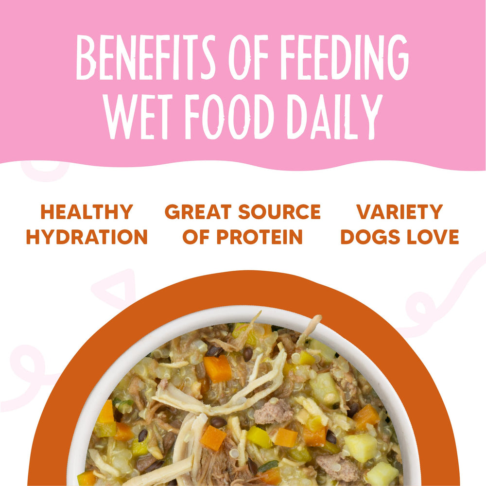 Pack of 12 Weruva Wok The Dog Plus cups for easy feeding.
