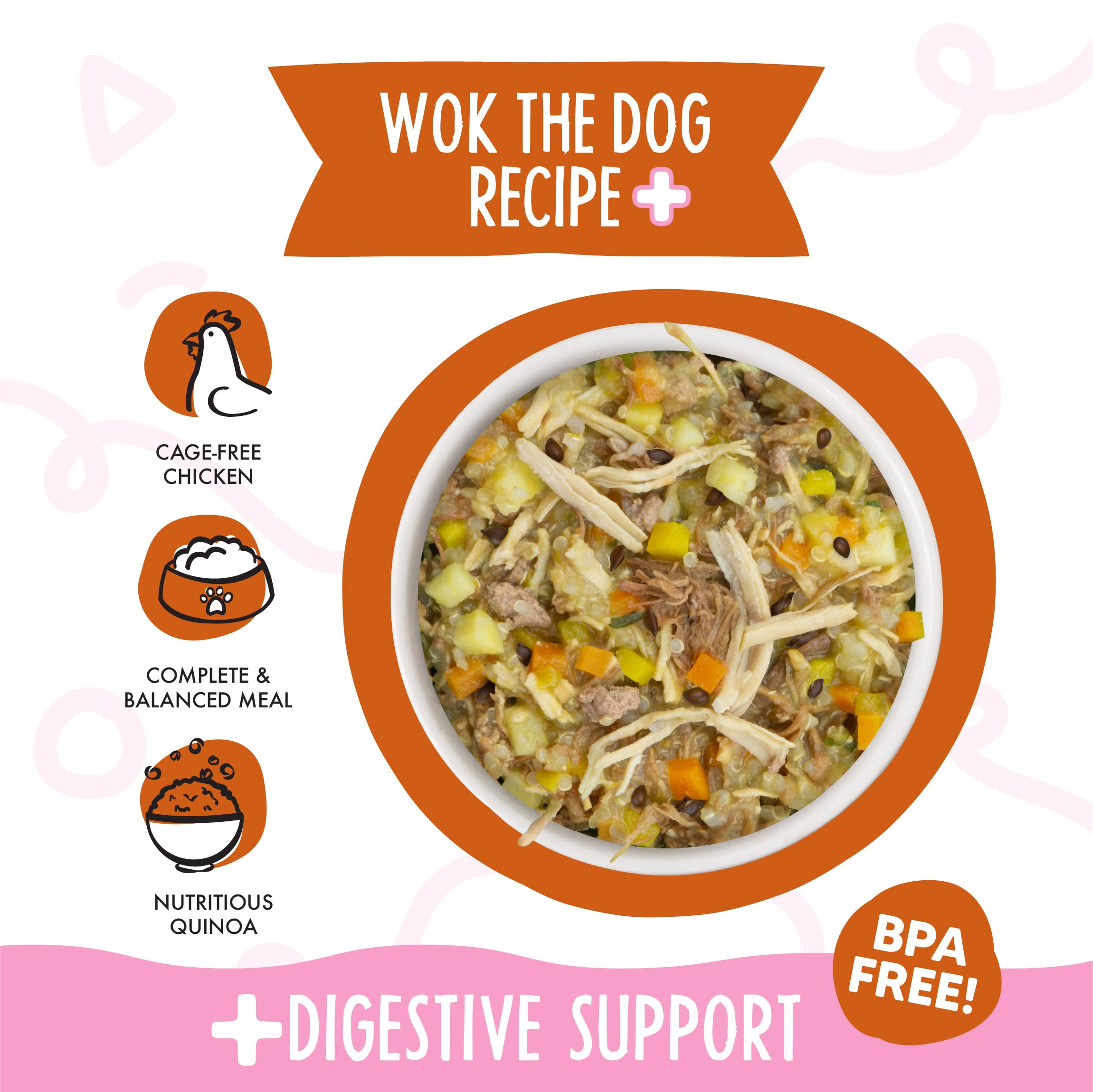 Pumpkin, quinoa, and inulin visible in Weruva Wok The Dog Plus dish.