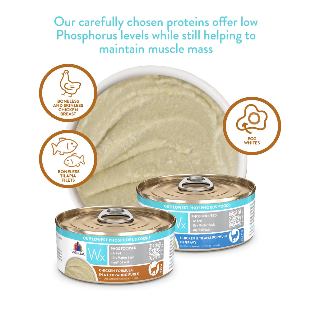 Product packaging showing Weruva Wx Phos Focused can and brand values