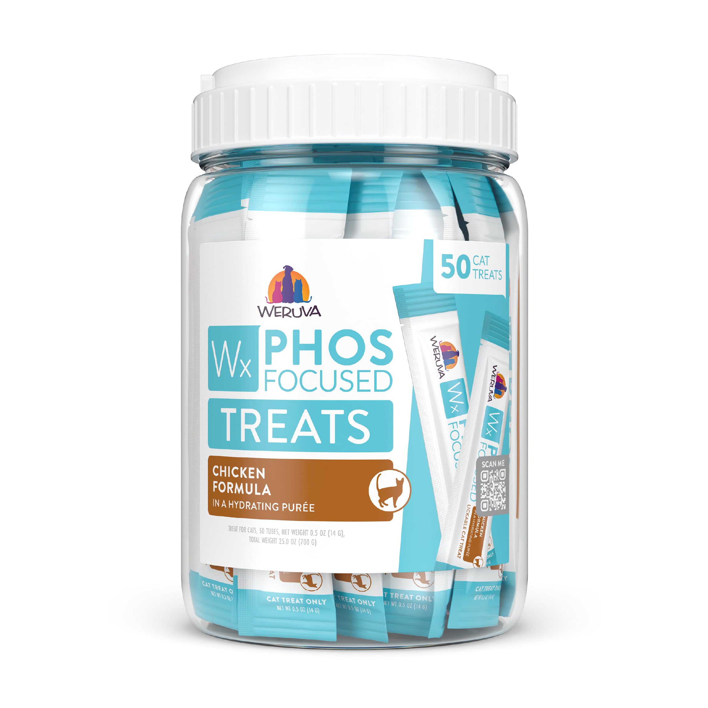 Weruva Wx Phos Focused chicken lickable tube packaging for easy protein delivery at snack time