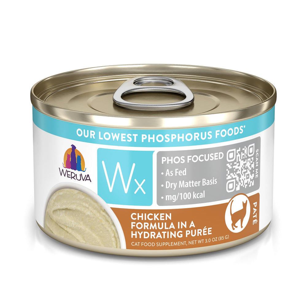 Weruva Wx Phos Focused chicken purée 3oz can shown in a pack, hydrating the meal