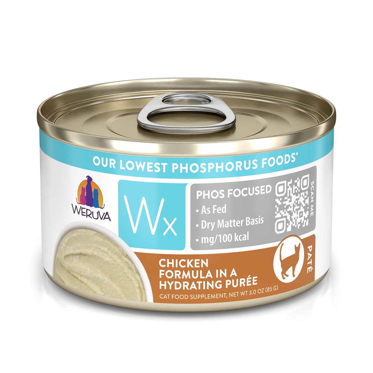 Weruva Wx Phos Focused chicken purée 3oz can shown in a pack, hydrating the meal