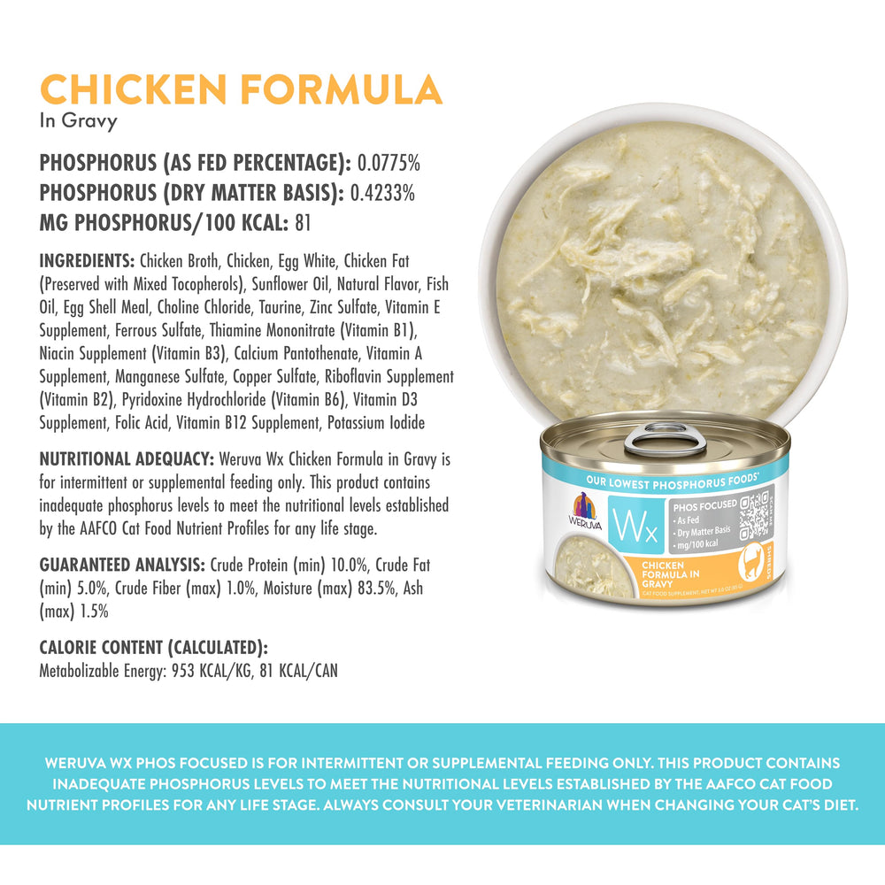 Gravy-based hydration with bone-free protein from Weruva Wx Phos Focused.
