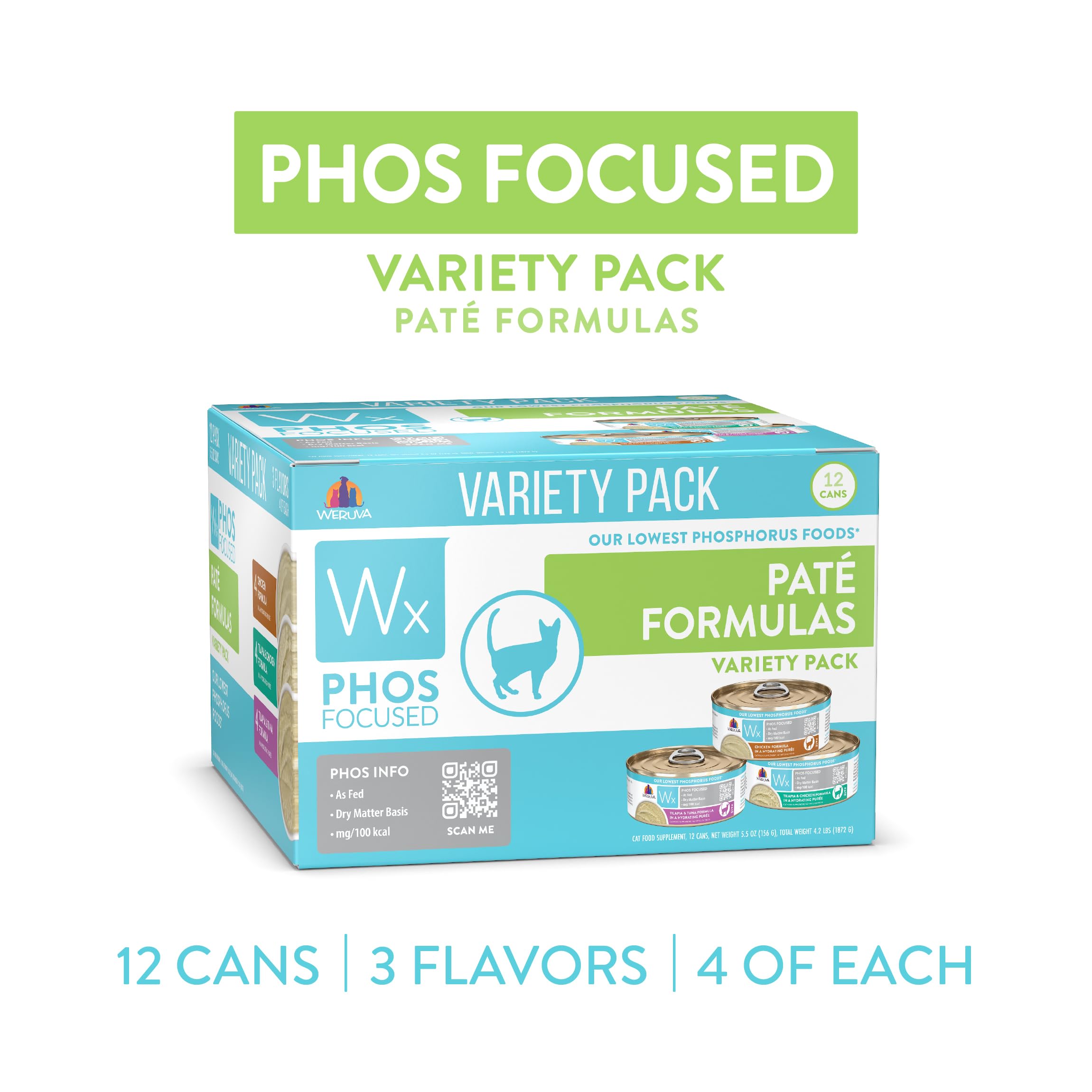 Row of Weruva Wx Phos Focused pate cans highlighting low phosphorus formula