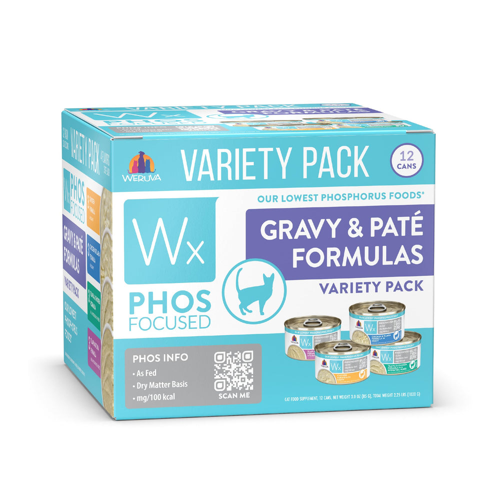 Weruva Wx Phos Focused pate and gravy cans, 3oz, ideal for low phosphorus meals.