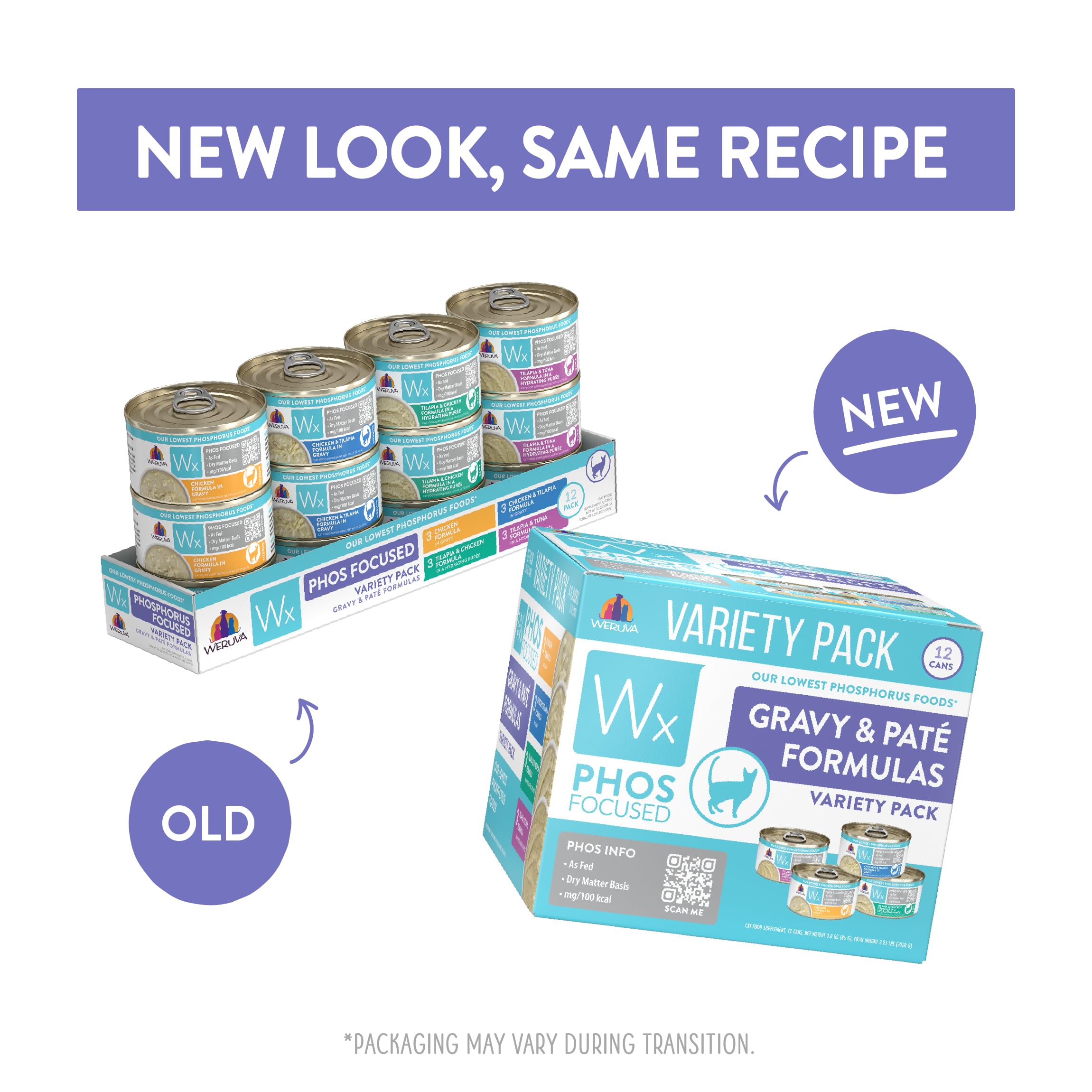 Weruva Wx Phos Focused 12-pack cans display, convenient for steady low-phosphorus feeding.