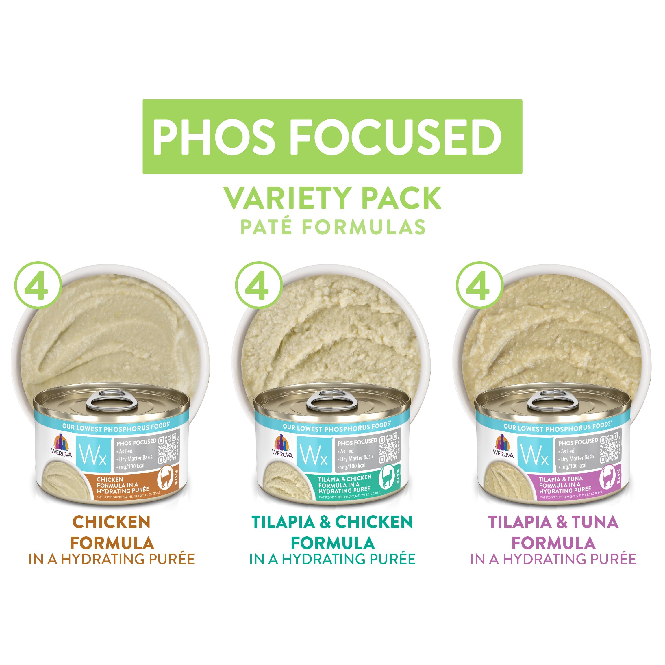 Ingredients panel on Weruva Wx Phos Focused pate with natural components.