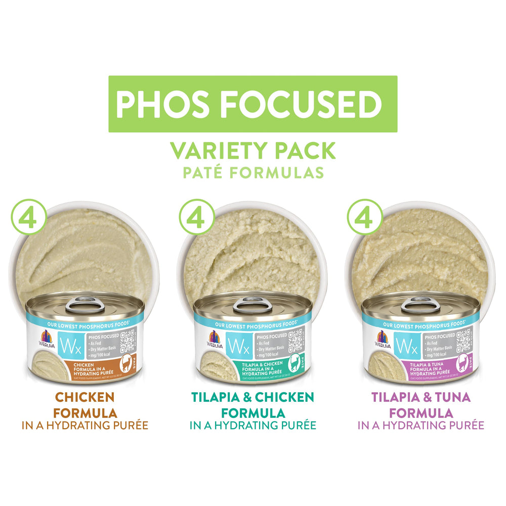 Ingredients panel on Weruva Wx Phos Focused pate with natural components.