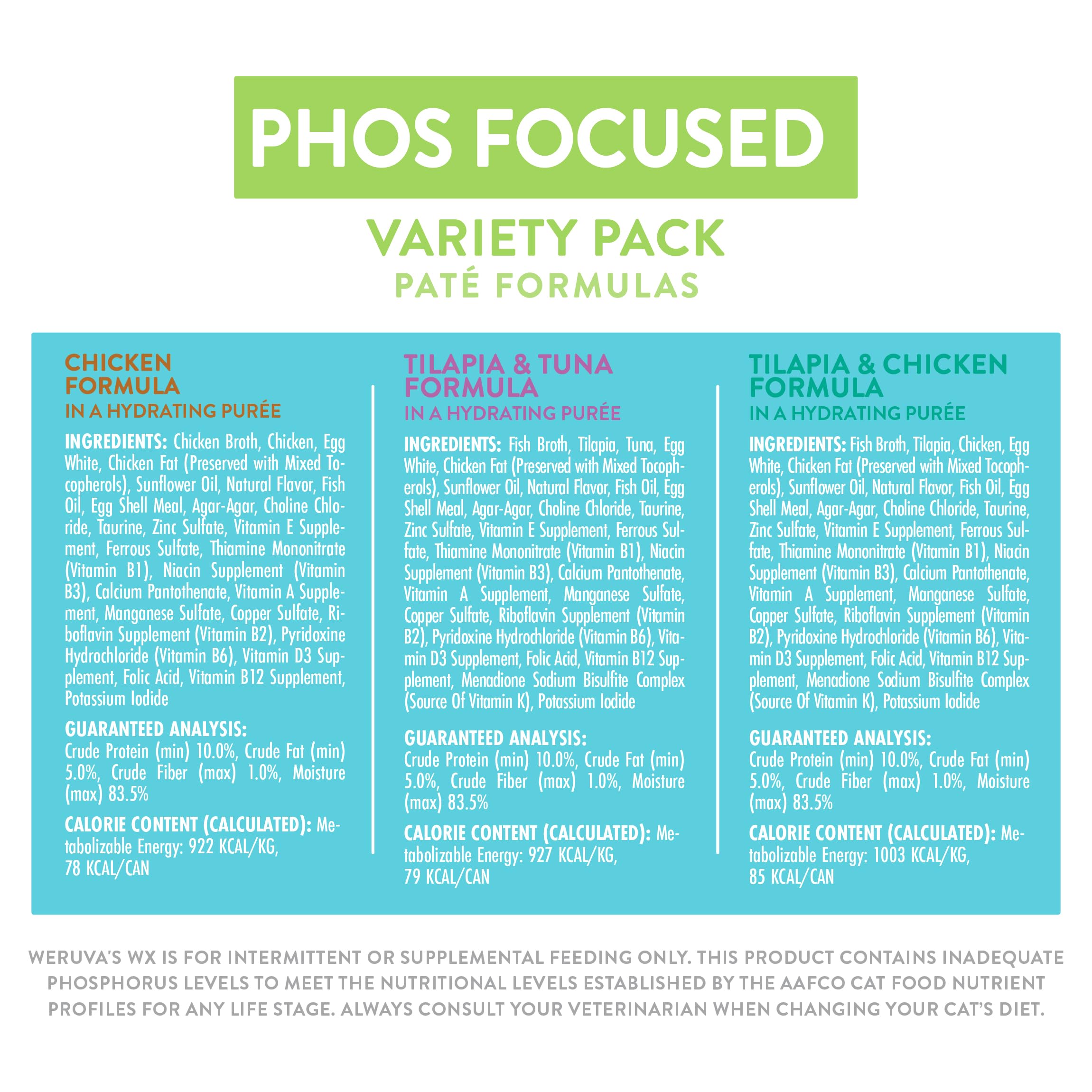 Nutrition facts for Weruva Wx Phos Focused pate emphasize protein balance.