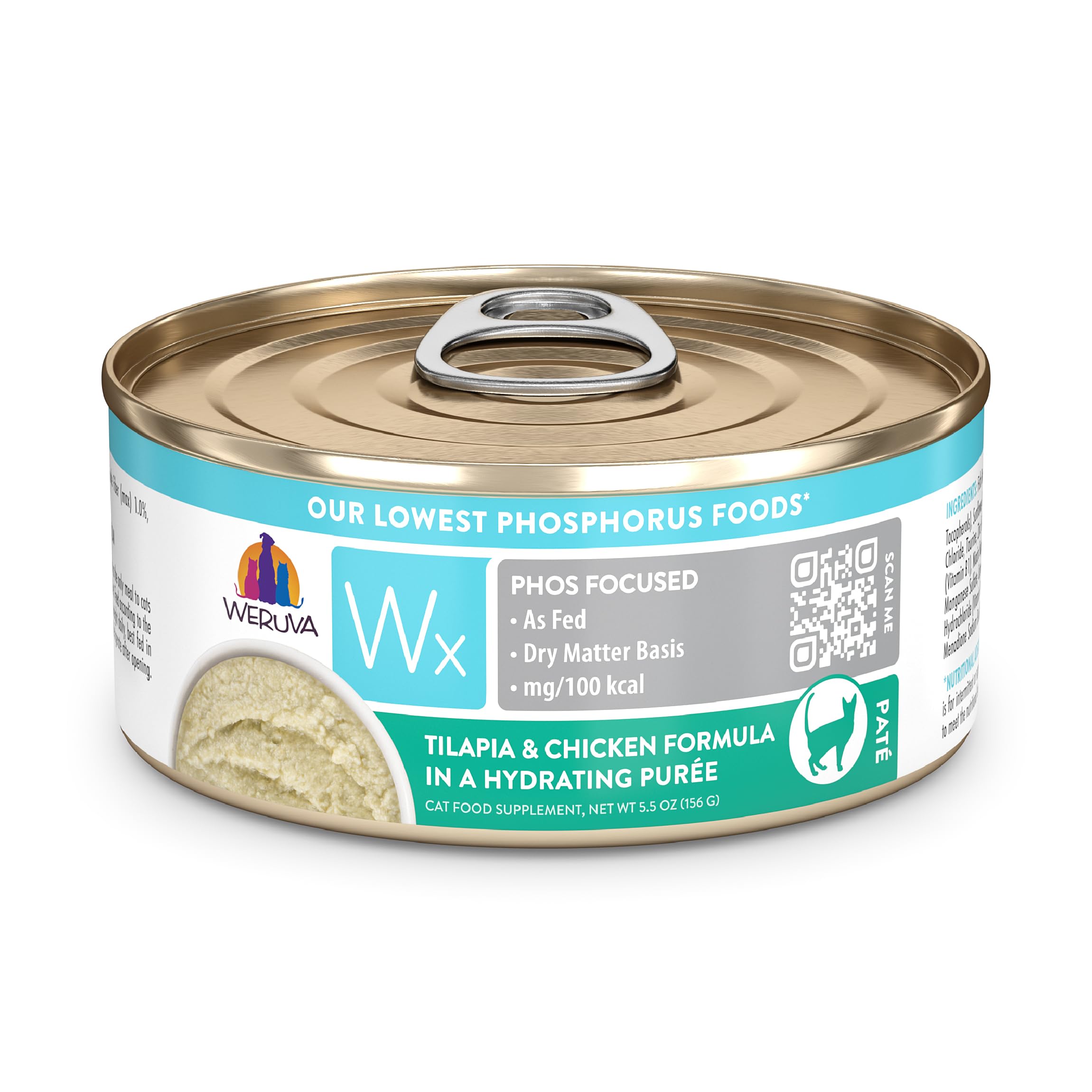 Weruva Wx Phos Focused tilapia-chicken puree can, rich texture for palatable hydration.